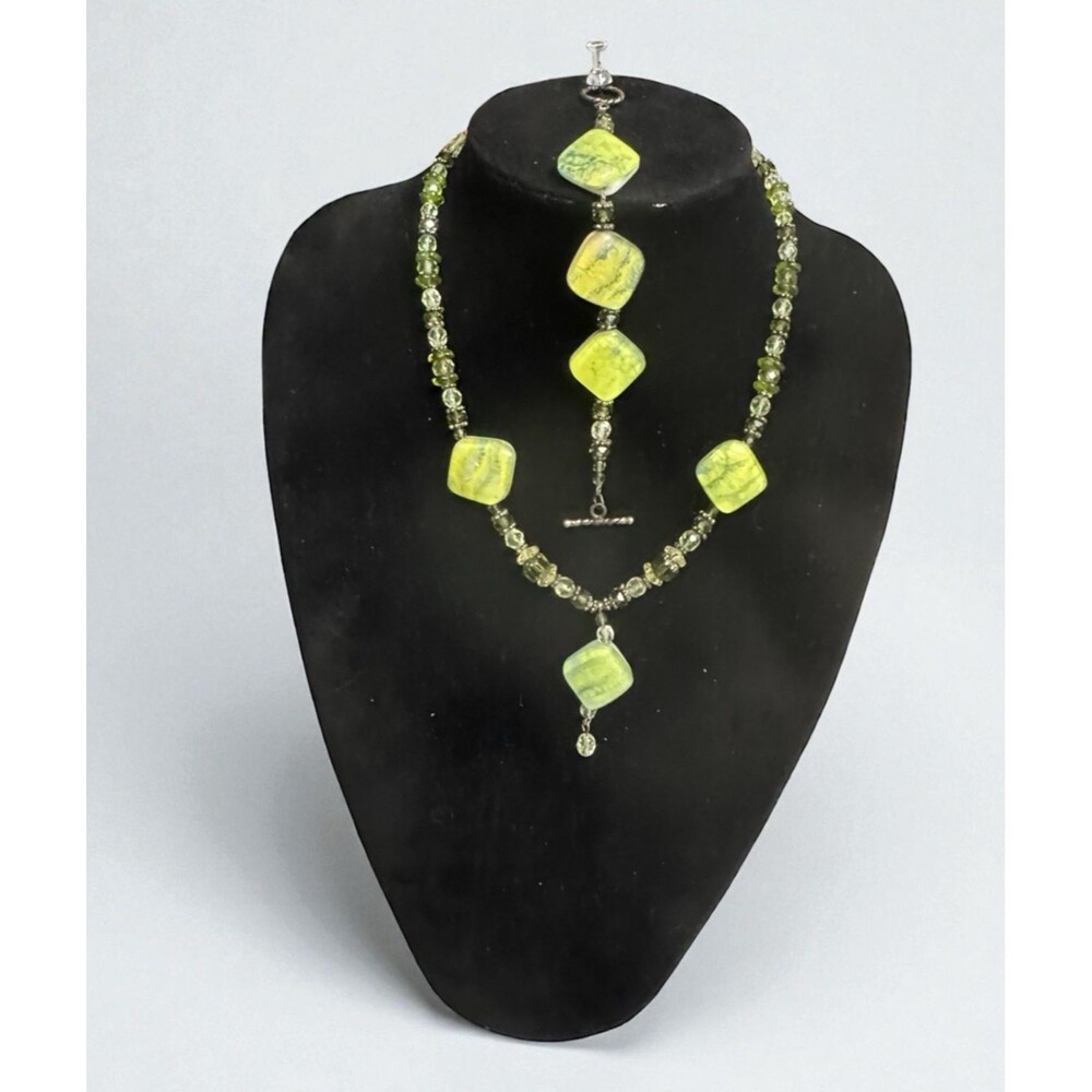 Lime Green Glass Bead Jewelry Set – 18" Necklace + 6" Bracelet